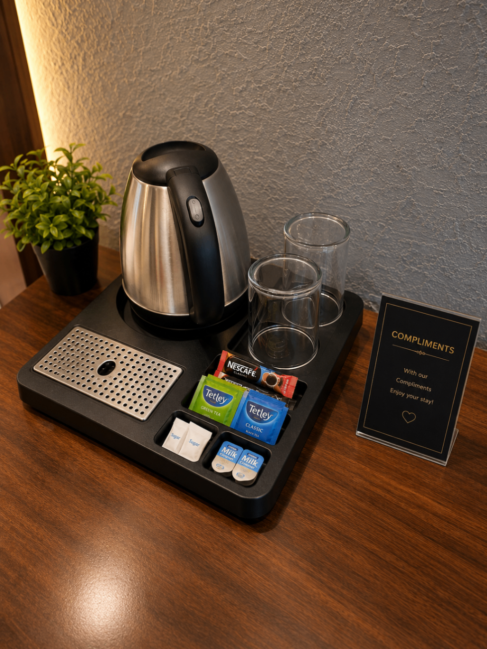 In-room kettle with Nescafé, Tetley tea and compliments card