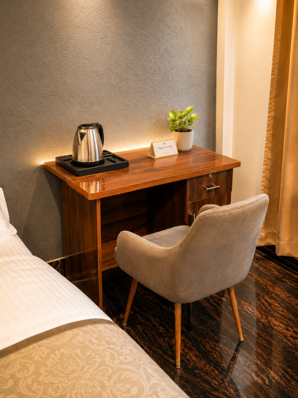 In-room work desk with kettle and accent lounge chair — corporate stay Noida