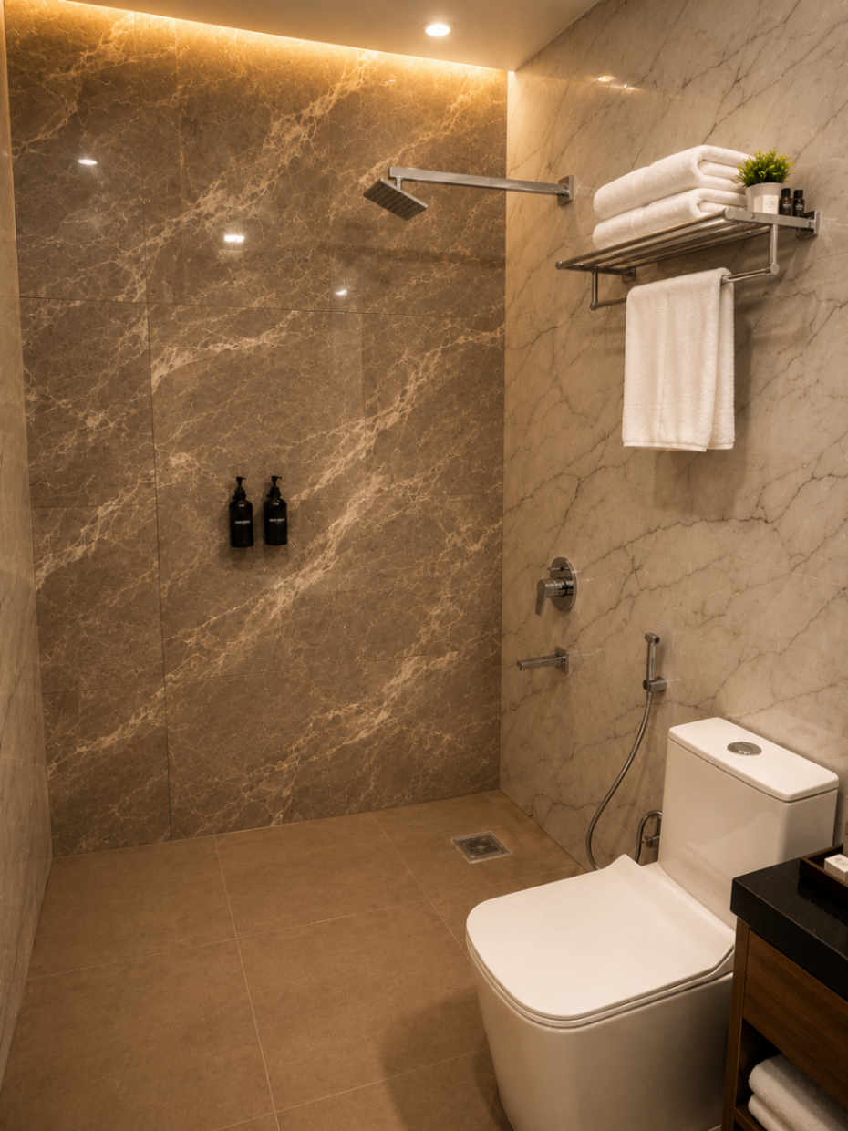 Marble bathroom with rain shower, towel stack and toiletries — ARMS Suites